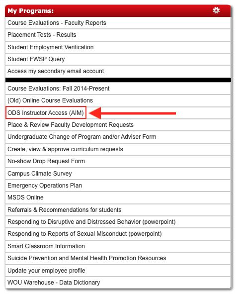 Screenshot of "My Programs" in Portal indicating where to find ODS Instructor Access (AIM)