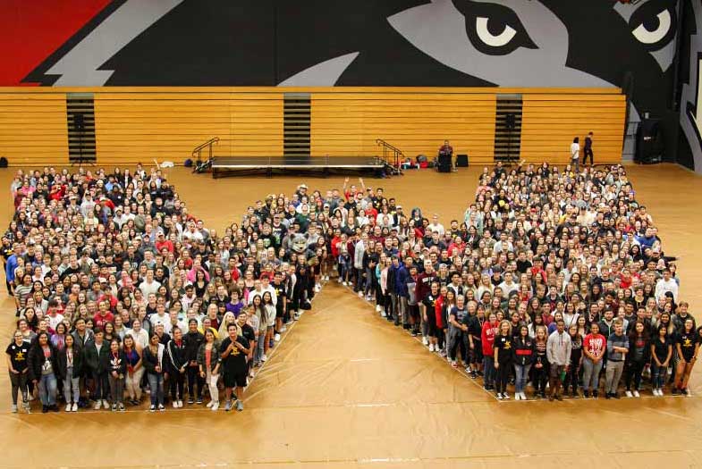 Western Oregon University students making a W