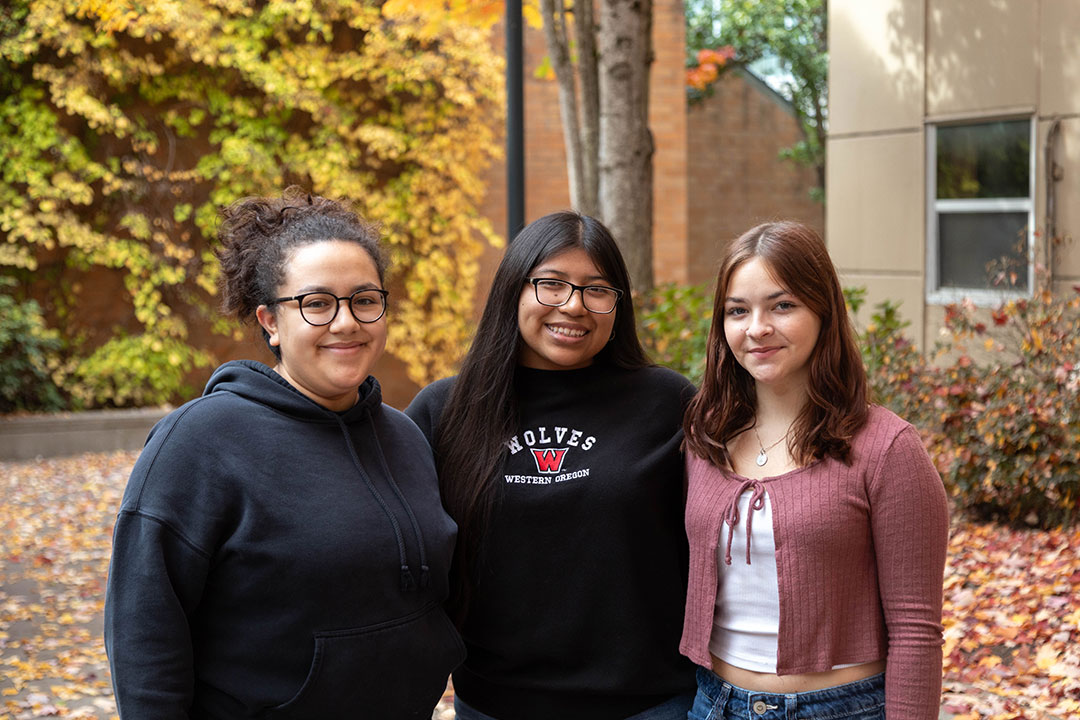 First-gen WOU First-Generation students Arianna Velasco, Cecilia Rodriguez, and Avery Gonzalez